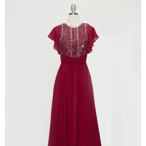 NEW BURGUNDY LONG SLEEVELESS MAXI EMBROIDERED SEQUINE DRESS WITH ZIP BACK CJ231